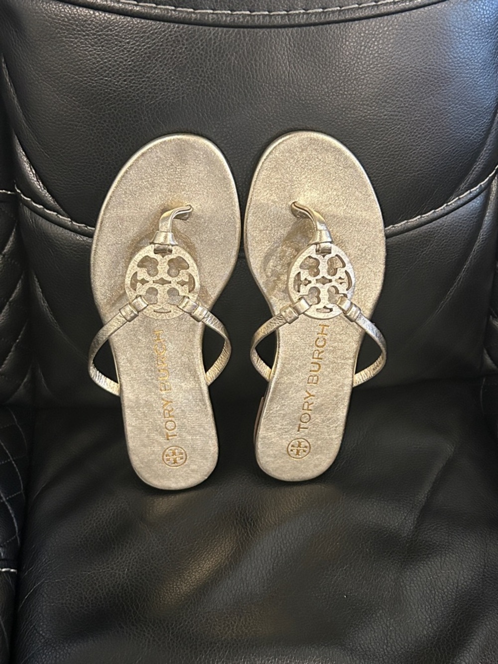 Tory Burch Metallic Gold Logo Thong Sandals